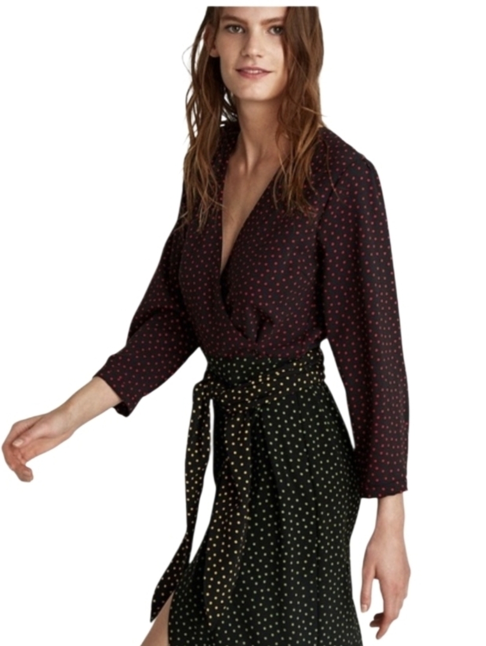 Zara Woman Midi Wrap Dress Size Small Black  Polka Dots Rockabilly Belted V Neck